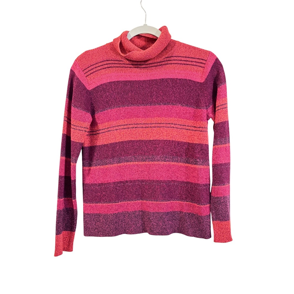 Sigrid Olsen Sport Turtleneck Sweater Pink Purple Striped Long Sleeve Knit Top